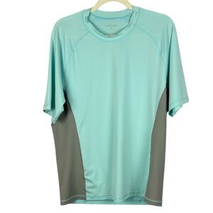 Lands' End Men's Aqua Blue Short-Sleeve Swim Shirt with Gray Panels Large-42-44